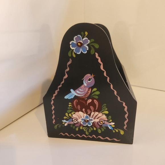Vintage Painted Black Birds Wood Caddy Storage Basket Farmhouse Decor Cottage - Picture 3 of 9